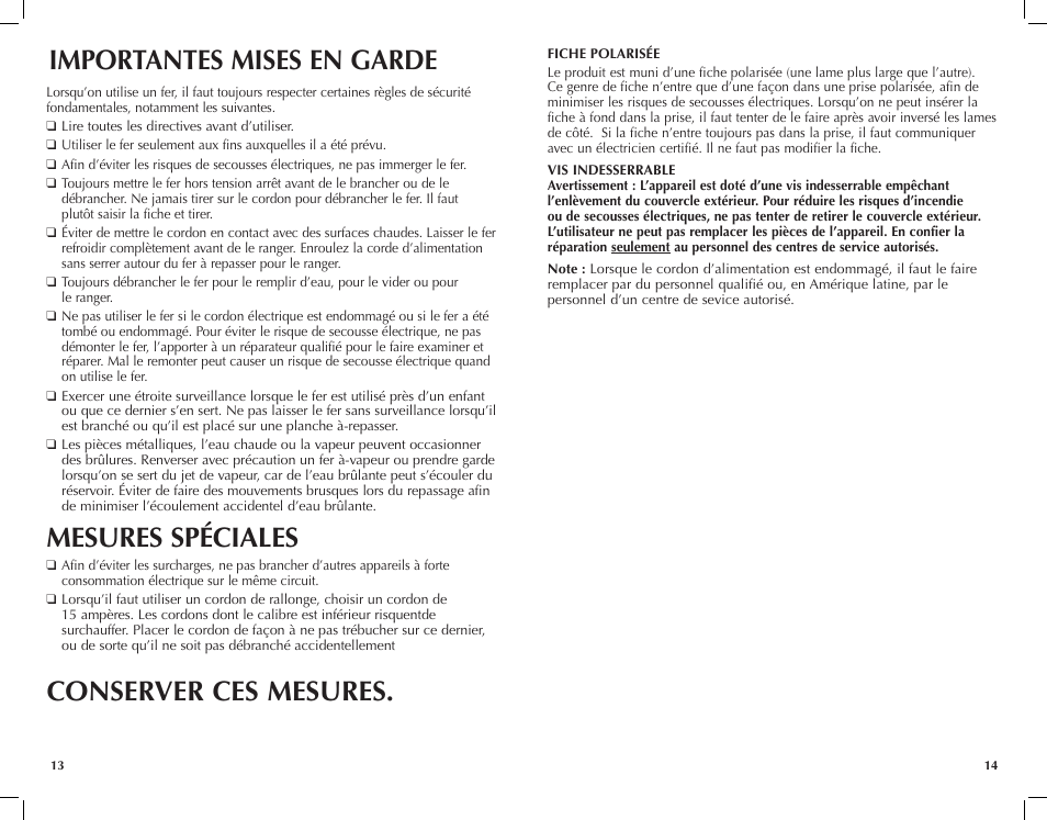 Mesures spéciales, Importantes mises en garde conserver ces mesures | Black & Decker F2200 User Manual | Page 8 / 13