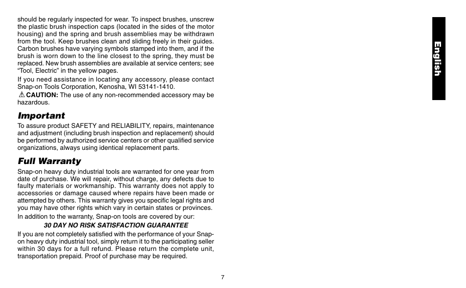 English, Important, Full warranty | Snap-On ET 1460 User Manual | Page 11 / 28