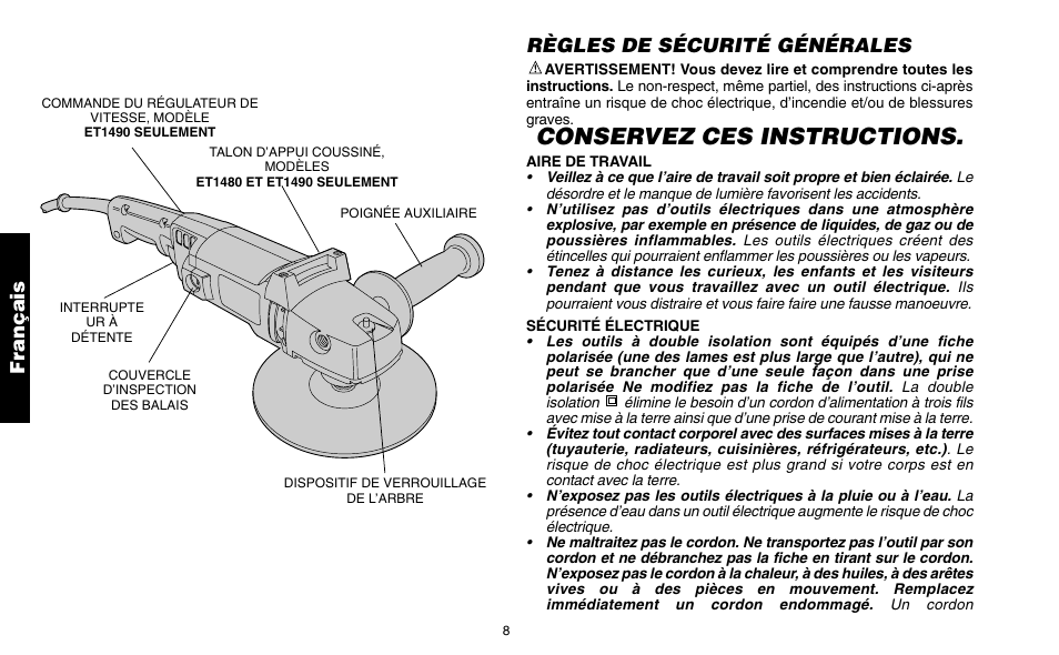 Conservez ces instructions, Règles de sécurité générales, Français | Snap-On ET 1460 User Manual | Page 12 / 28