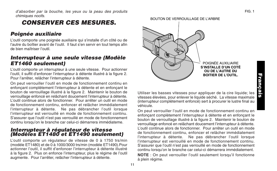 Conserver ces mesures, Poignée auxiliaire, Français | Snap-On ET 1460 User Manual | Page 15 / 28