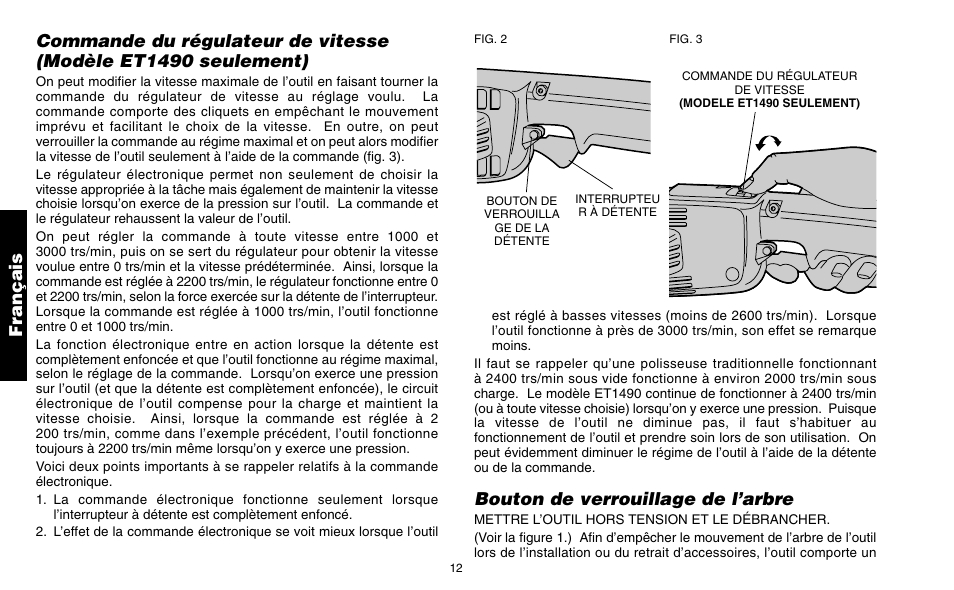 Bouton de verrouillage de l’arbre, Français | Snap-On ET 1460 User Manual | Page 16 / 28