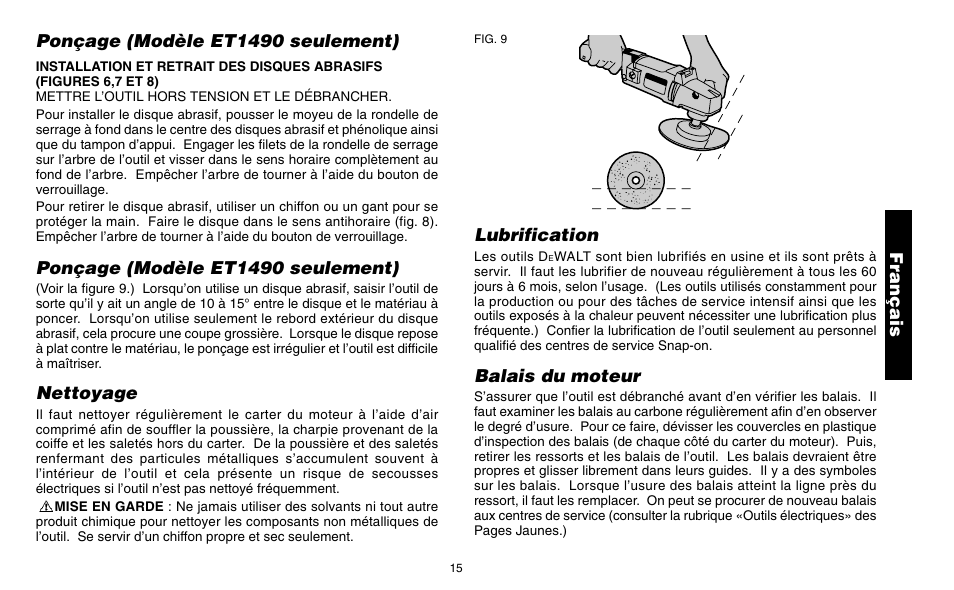 Français ponçage (modèle et1490 seulement), Ponçage (modèle et1490 seulement), Nettoyage | Lubrification, Balais du moteur | Snap-On ET 1460 User Manual | Page 19 / 28