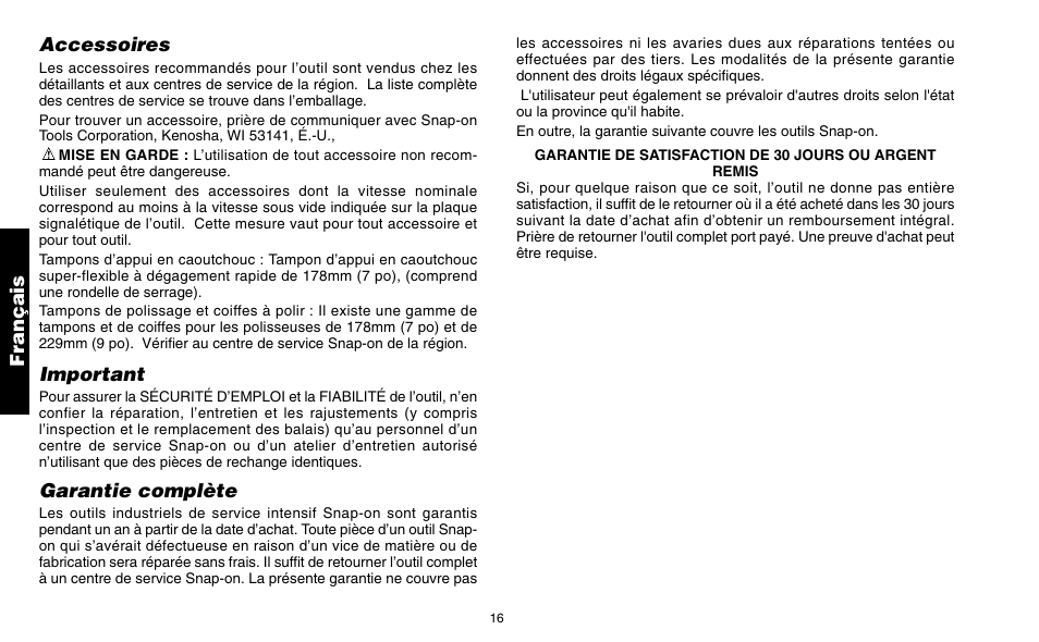 Français accessoires, Important, Garantie complète | Snap-On ET 1460 User Manual | Page 20 / 28