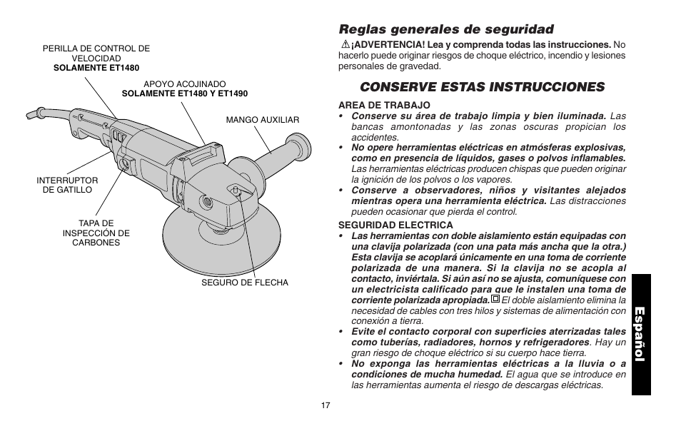 Reglas generales de seguridad, Conserve estas instrucciones, Español | Snap-On ET 1460 User Manual | Page 21 / 28