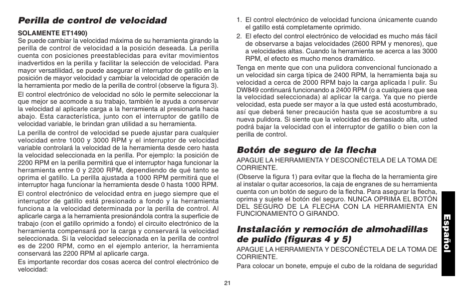 Perilla de control de velocidad, Botón de seguro de la flecha, Español | Snap-On ET 1460 User Manual | Page 25 / 28