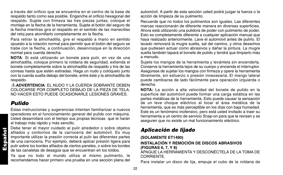 Pulido, Aplicación de lijado, Español | Snap-On ET 1460 User Manual | Page 26 / 28