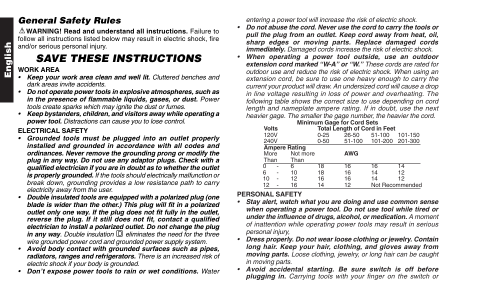 Save these instructions, English general safety rules | Snap-On ET 1460 User Manual | Page 4 / 28
