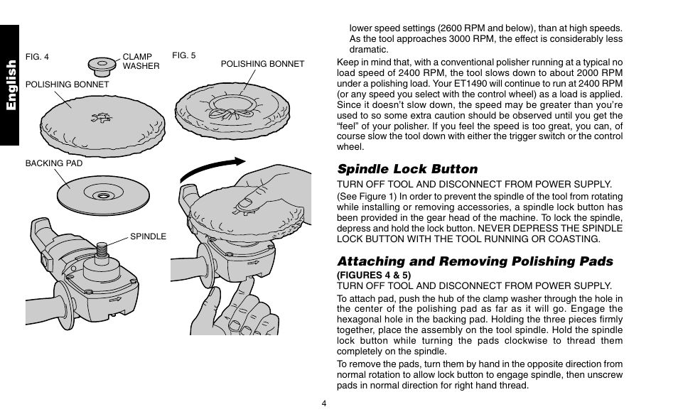 Spindle lock button, Attaching and removing polishing pads, English | Snap-On ET 1460 User Manual | Page 8 / 28