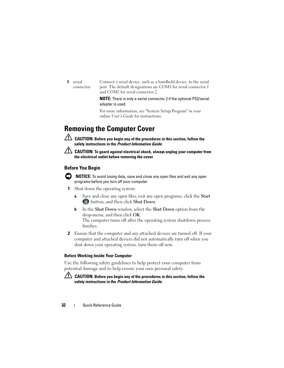 Removing the computer cover, Before you begin | Dell OptiPlex 740 User Manual | Page 32 / 230