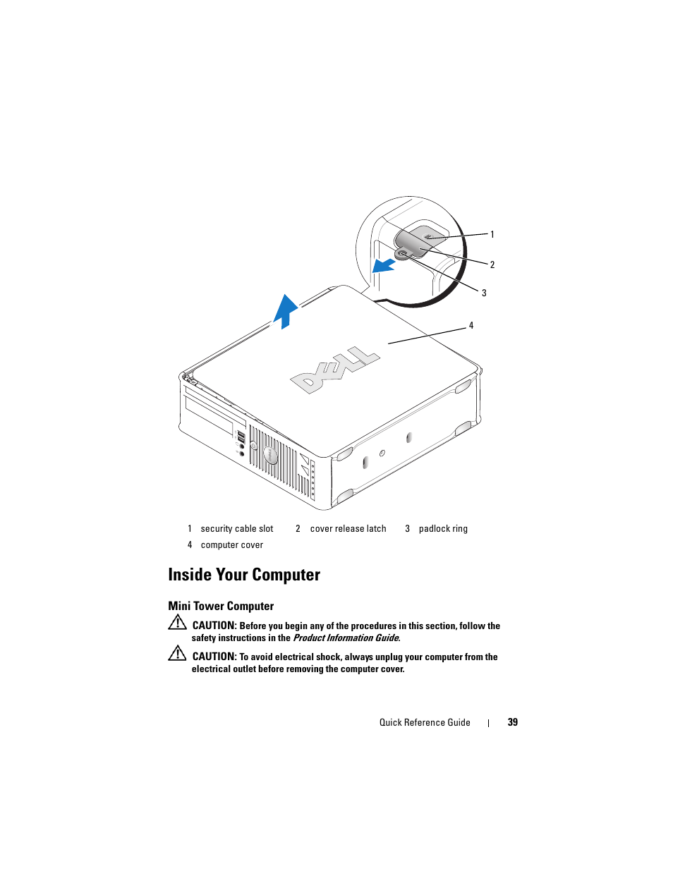 Inside your computer, Mini tower computer | Dell OptiPlex 740 User Manual | Page 39 / 230