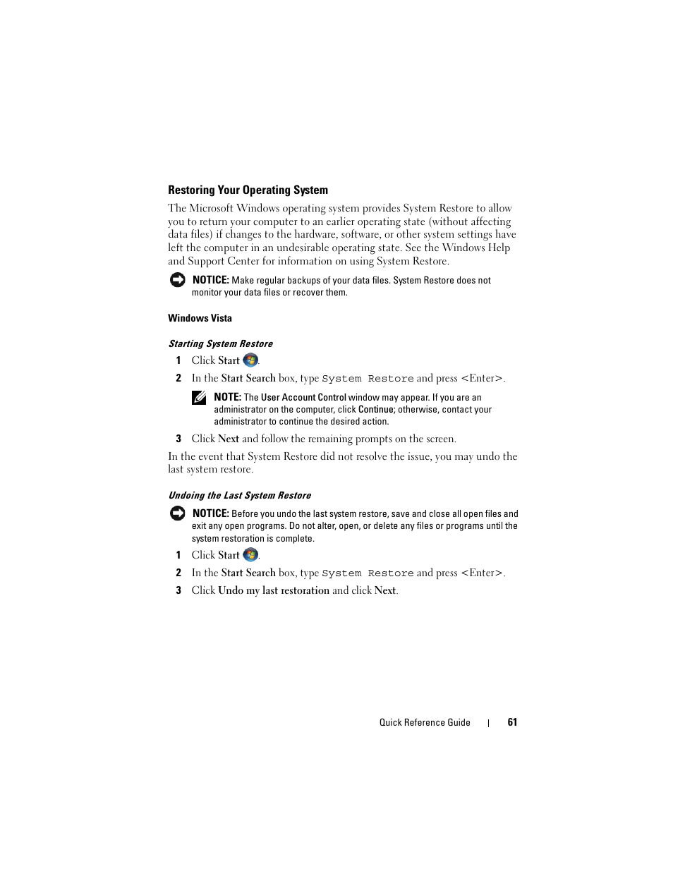 Restoring your operating system | Dell OptiPlex 740 User Manual | Page 61 / 230