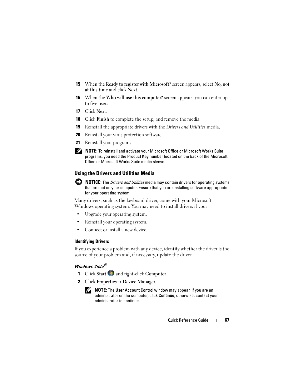 Using the drivers and utilities media | Dell OptiPlex 740 User Manual | Page 67 / 230