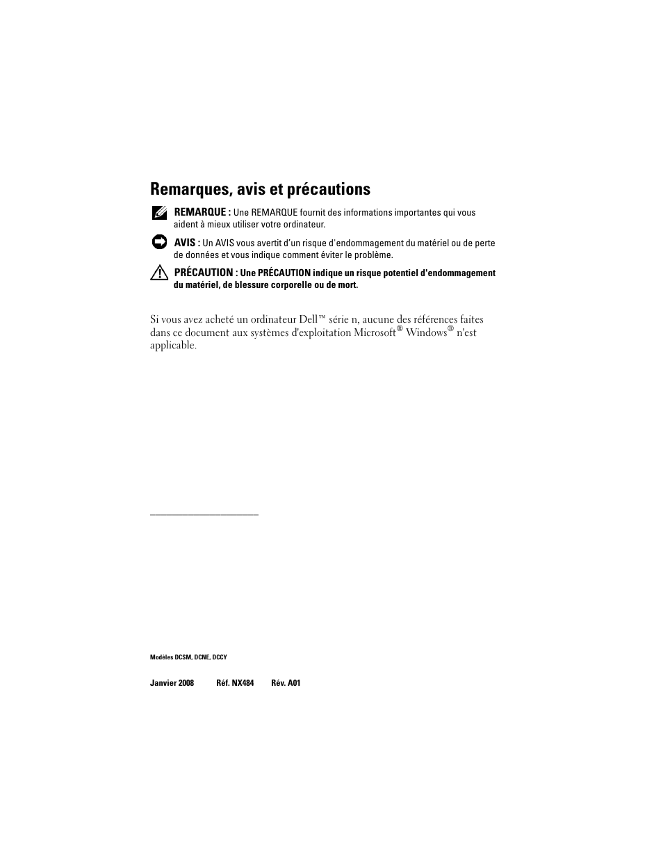 Remarques, avis et précautions | Dell OptiPlex 740 User Manual | Page 76 / 230