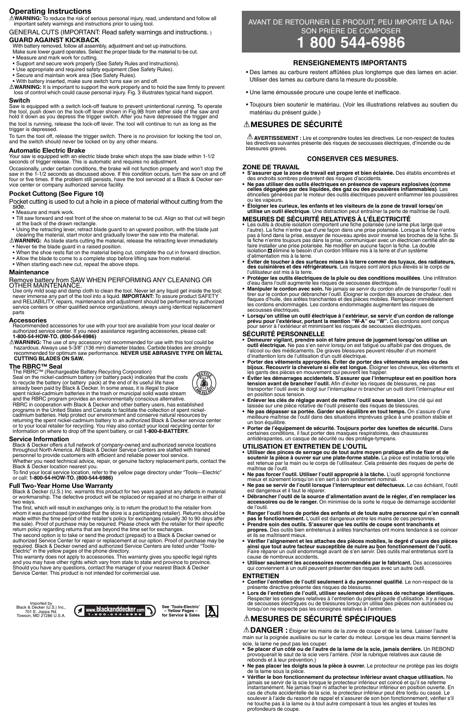 Operating instructions, Mesures de sécurité, Mesures de sécurité spécifiques danger | Black & Decker 609747-21 User Manual | Page 3 / 7