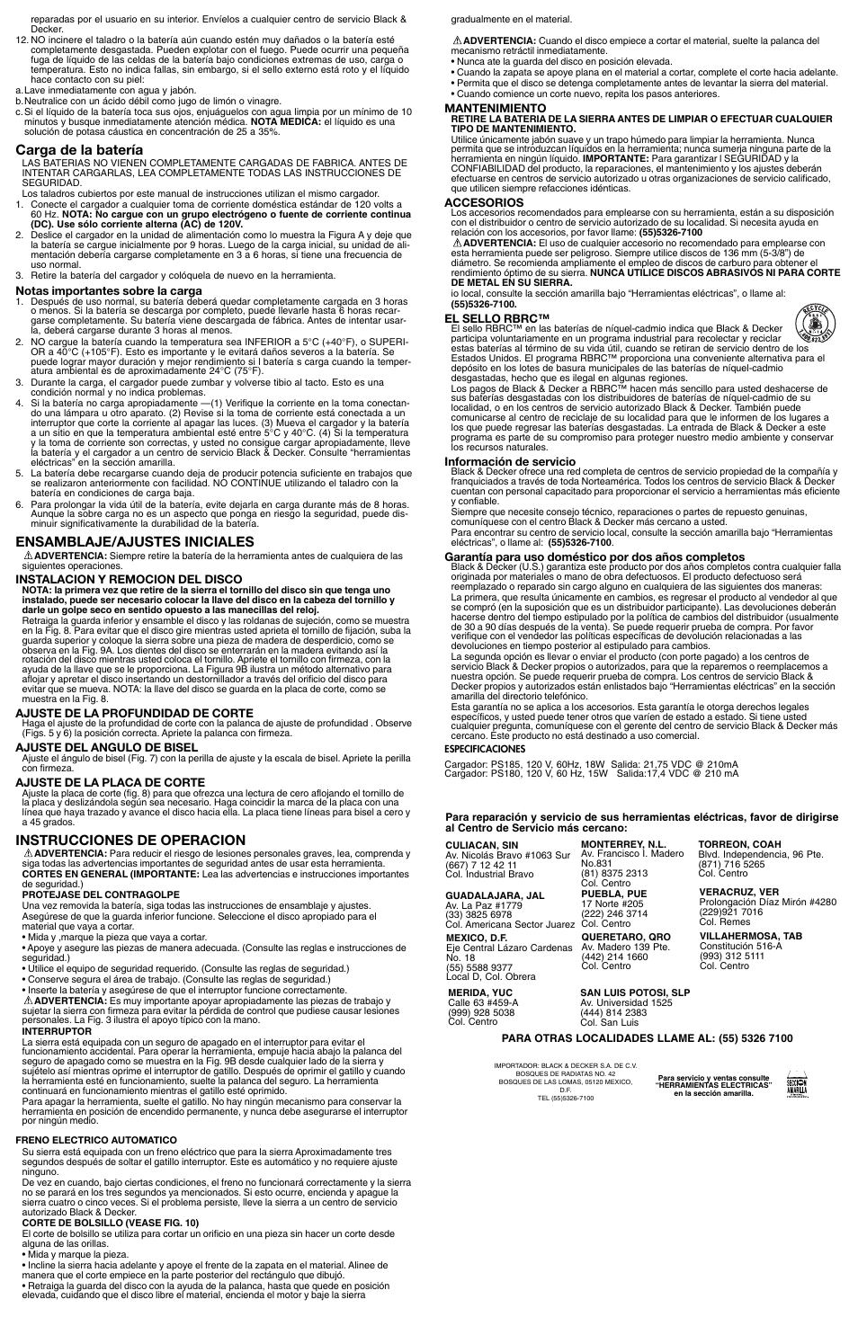 Carga de la batería, Ensamblaje/ajustes iniciales, Instrucciones de operacion | Black & Decker 609747-21 User Manual | Page 7 / 7