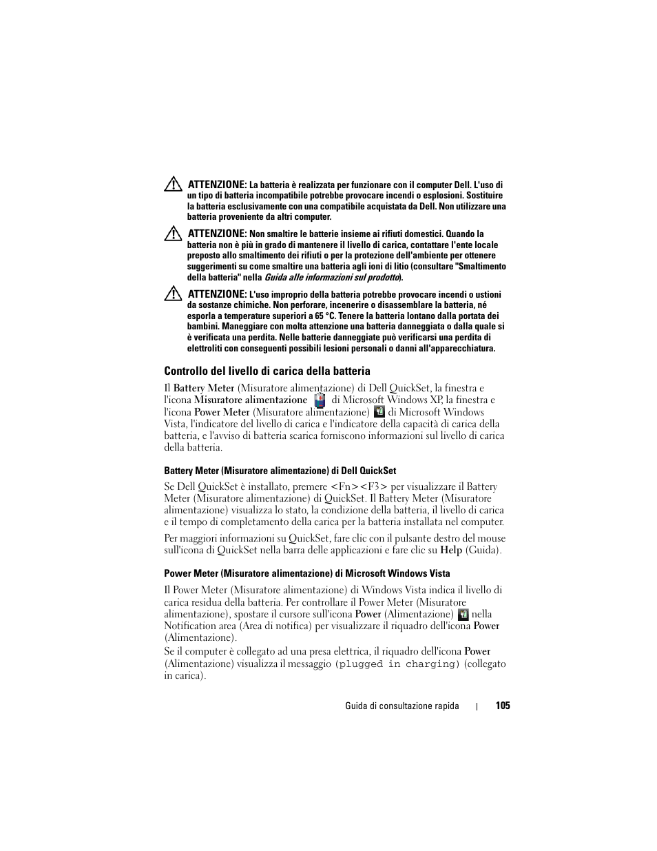 Controllo del livello di carica della batteria | Dell Precision M6300 (Late 2007) User Manual | Page 105 / 152