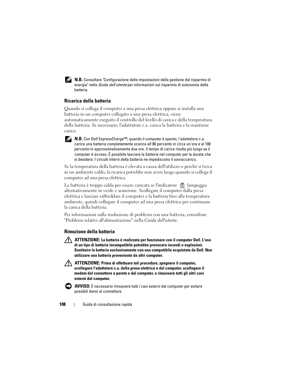 Ricarica della batteria, Rimozione della batteria | Dell Precision M6300 (Late 2007) User Manual | Page 108 / 152