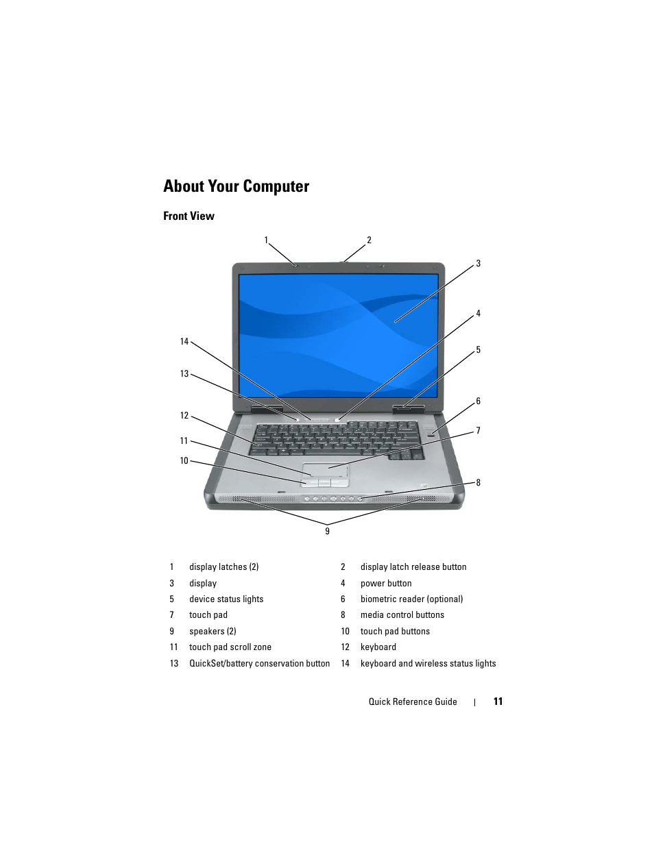 About your computer, Front view | Dell Precision M6300 (Late 2007) User Manual | Page 11 / 152