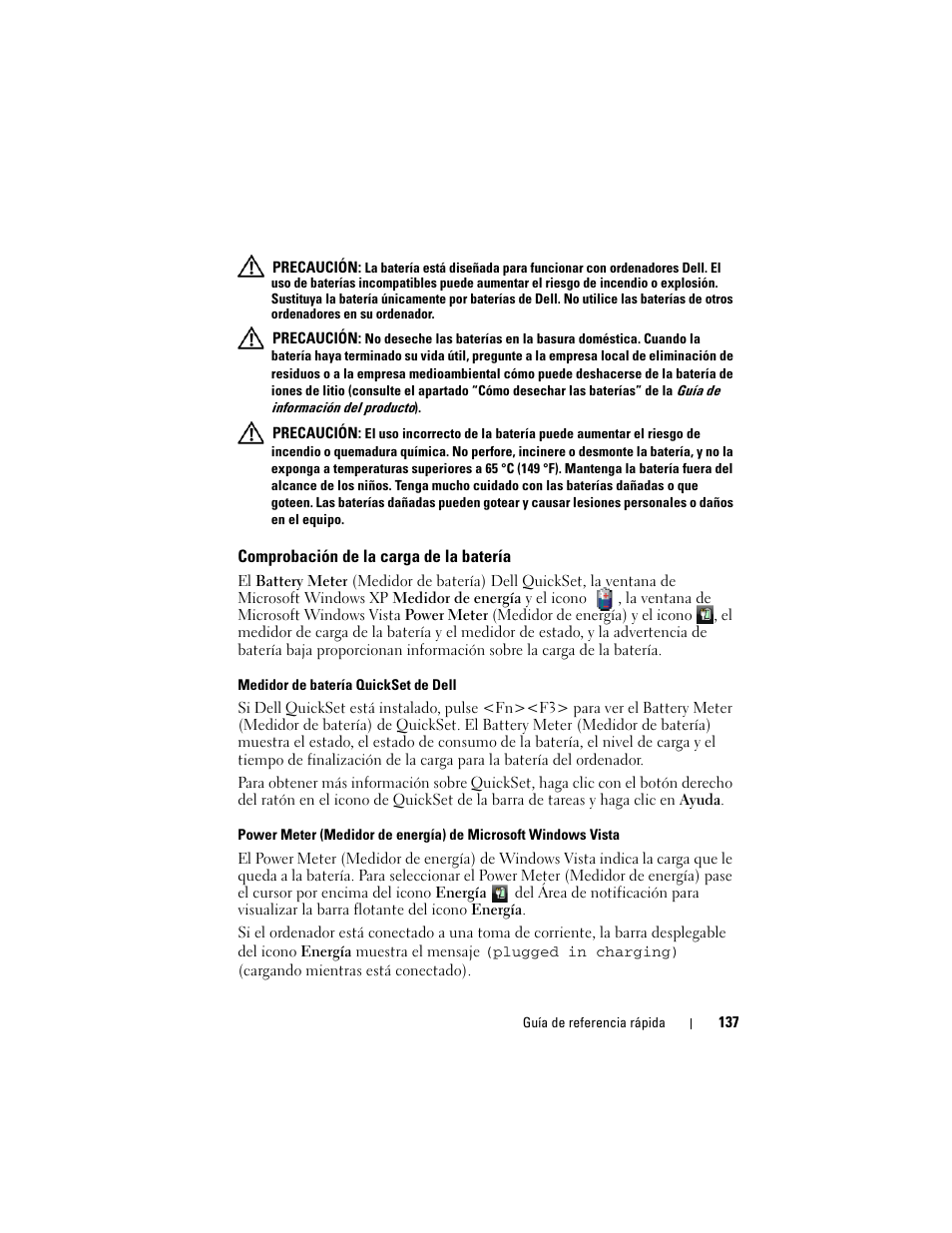 Comprobación de la carga de la batería | Dell Precision M6300 (Late 2007) User Manual | Page 137 / 152