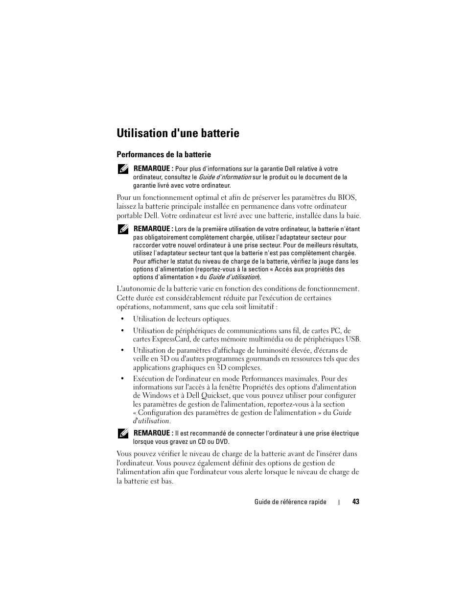 Utilisation d'une batterie, Performances de la batterie | Dell Precision M6300 (Late 2007) User Manual | Page 43 / 152