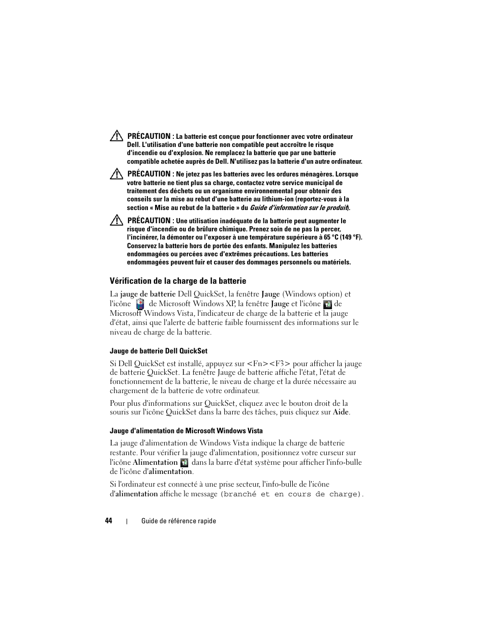 Vérification de la charge de la batterie | Dell Precision M6300 (Late 2007) User Manual | Page 44 / 152