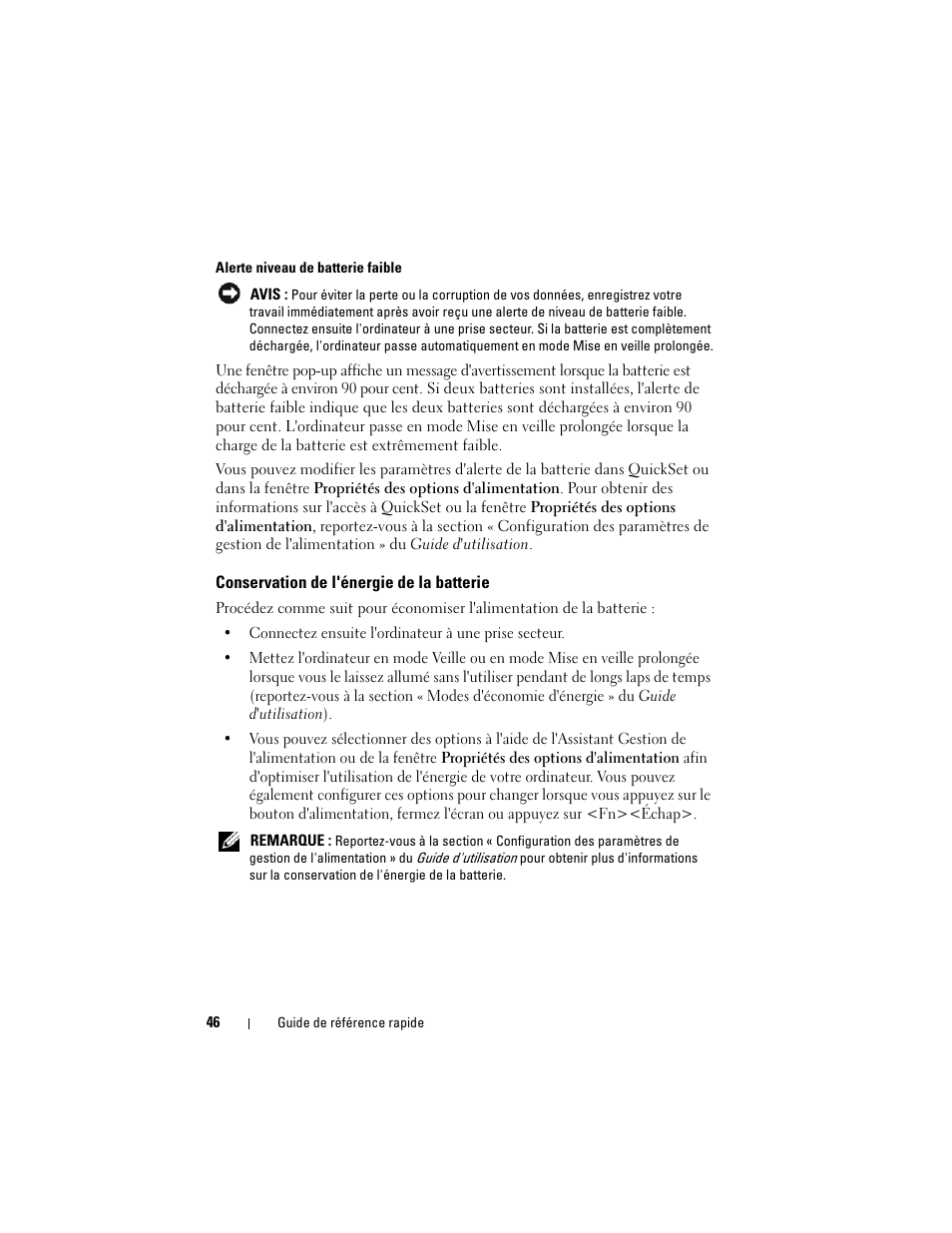 Conservation de l'énergie de la batterie | Dell Precision M6300 (Late 2007) User Manual | Page 46 / 152