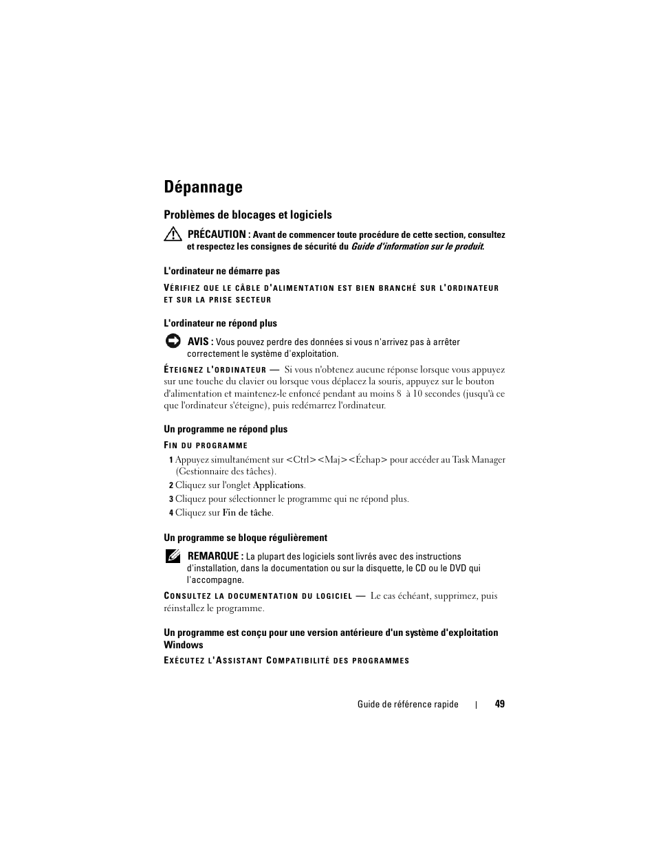 Dépannage, Problèmes de blocages et logiciels | Dell Precision M6300 (Late 2007) User Manual | Page 49 / 152