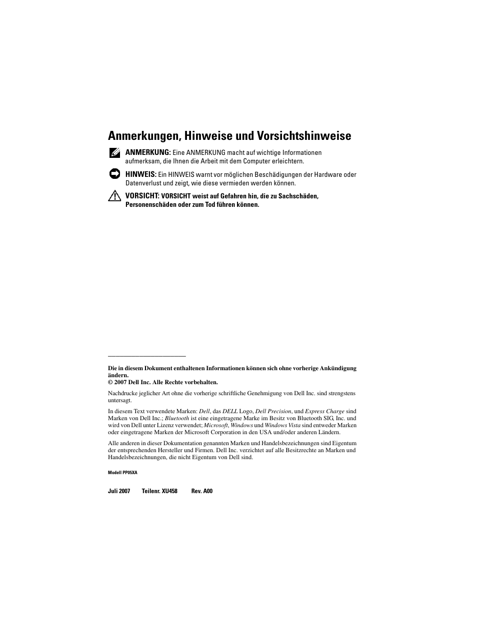 Anmerkungen, hinweise und vorsichtshinweise | Dell Precision M6300 (Late 2007) User Manual | Page 60 / 152