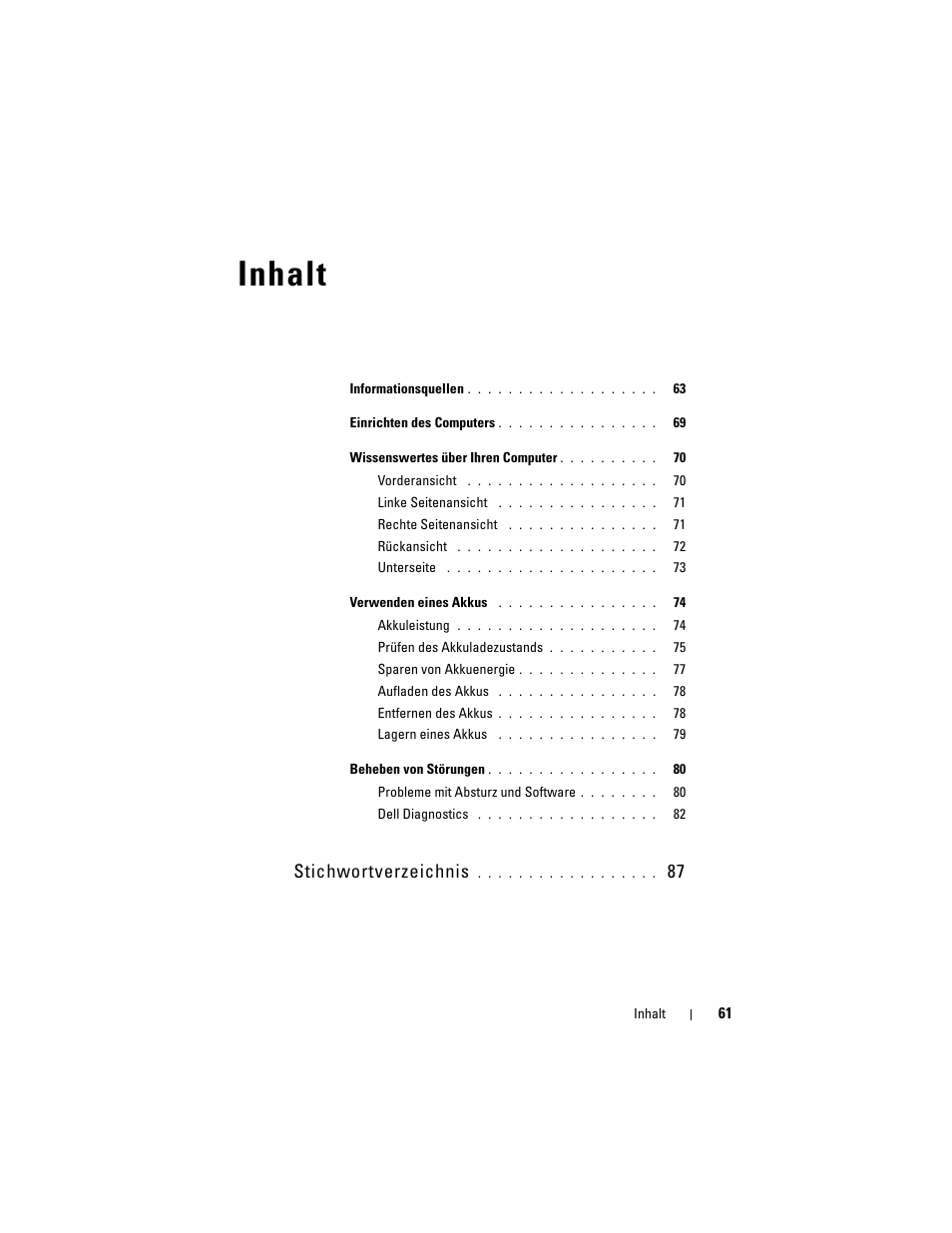 Inhalt, Stichwortverzeichnis | Dell Precision M6300 (Late 2007) User Manual | Page 61 / 152