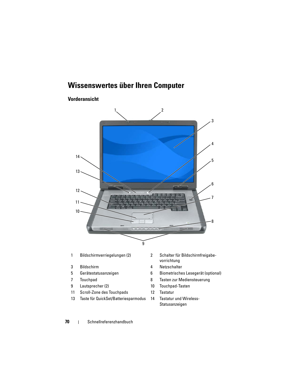 Wissenswertes über ihren computer, Vorderansicht | Dell Precision M6300 (Late 2007) User Manual | Page 70 / 152