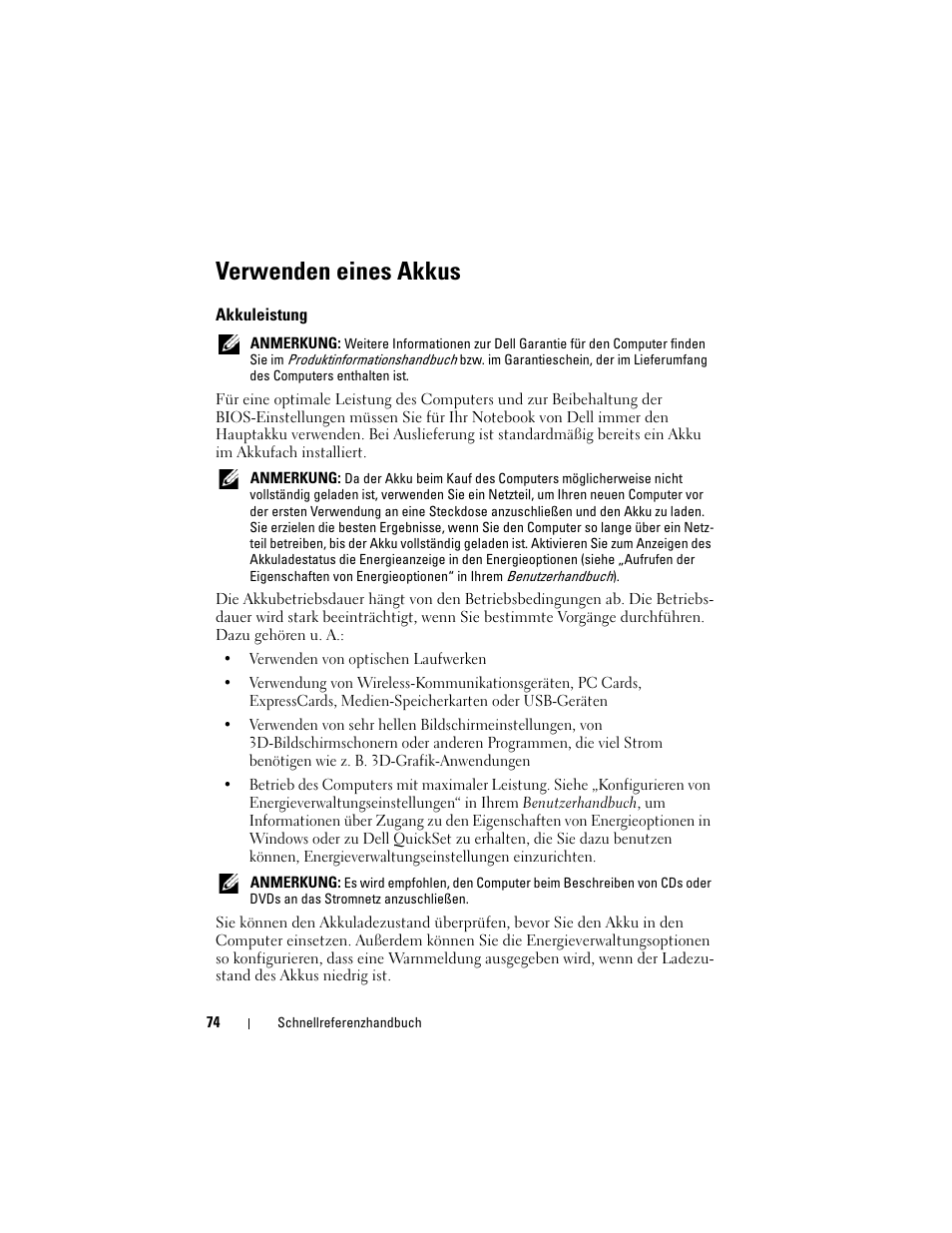 Verwenden eines akkus, Akkuleistung | Dell Precision M6300 (Late 2007) User Manual | Page 74 / 152