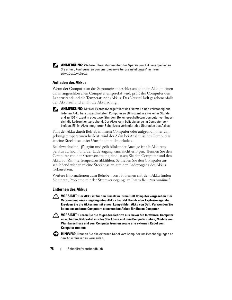 Aufladen des akkus, Entfernen des akkus | Dell Precision M6300 (Late 2007) User Manual | Page 78 / 152