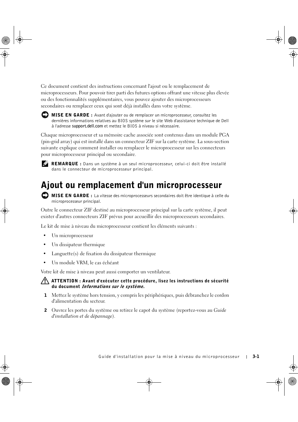 Ajout ou remplacement d'un microprocesseur | Dell PowerEdge 1750 User Manual | Page 17 / 56