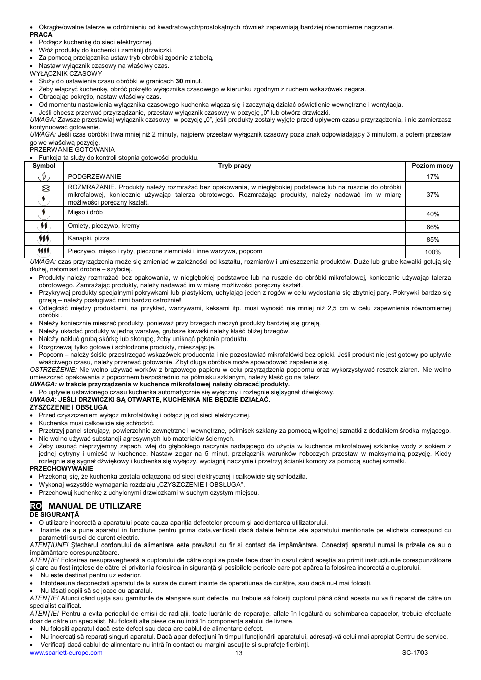 Ro manual de utilizare | Scarlett SC-1703 User Manual | Page 13 / 34