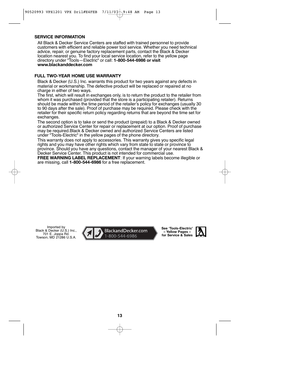 Black & Decker 1 VPX VPX1201 User Manual | Page 13 / 39