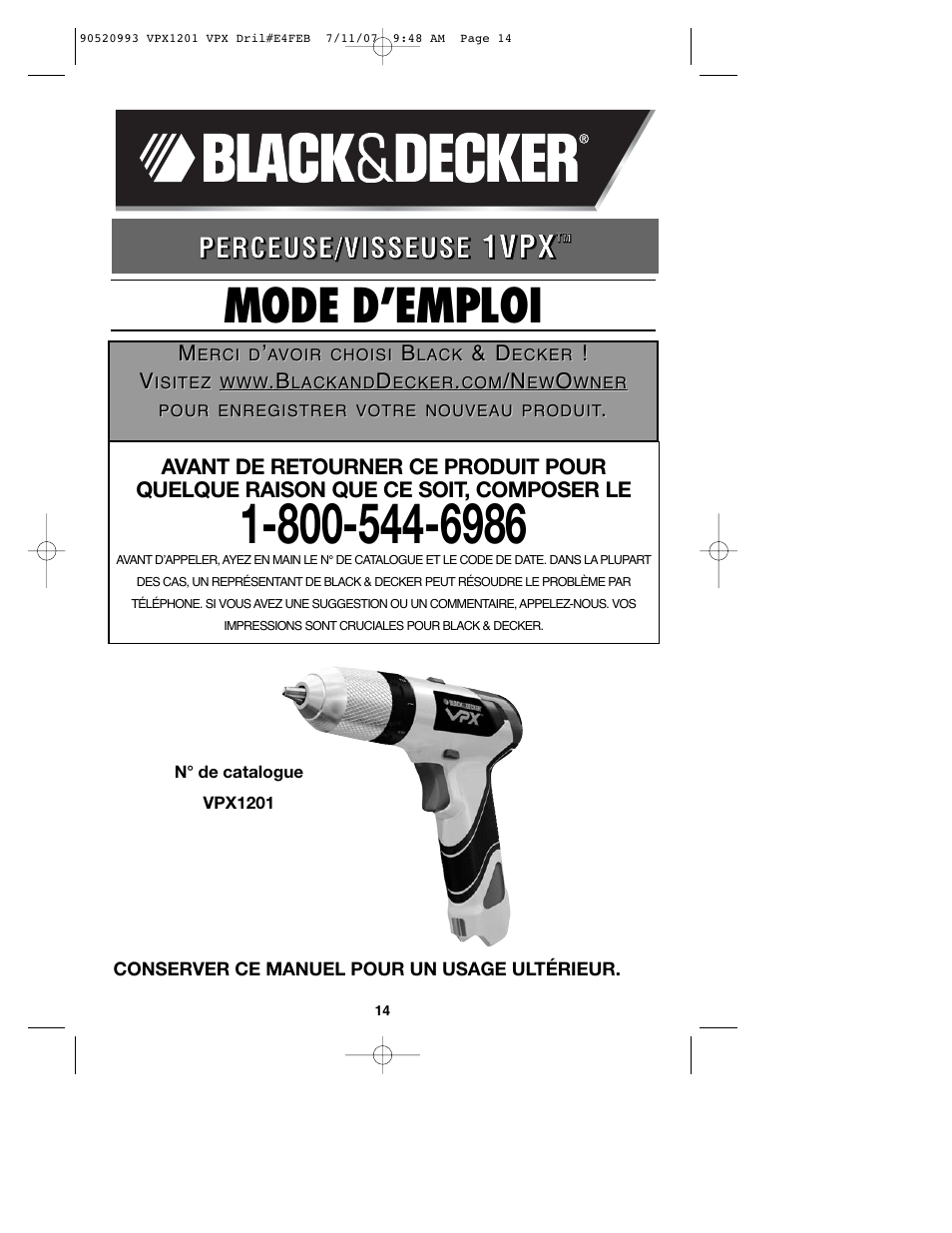 Mode d’emploi | Black & Decker 1 VPX VPX1201 User Manual | Page 14 / 39