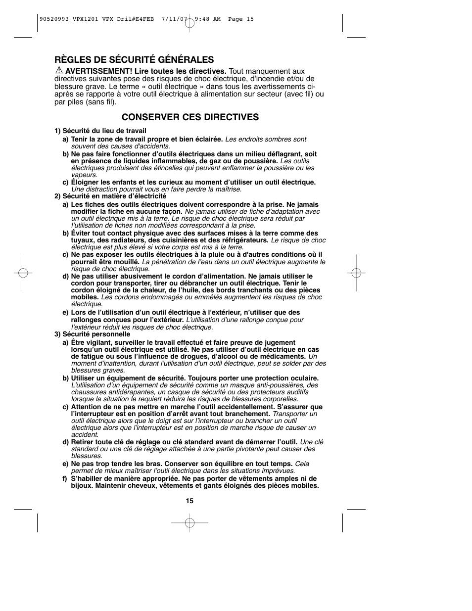 Règles de sécurité générales, Conserver ces directives | Black & Decker 1 VPX VPX1201 User Manual | Page 15 / 39