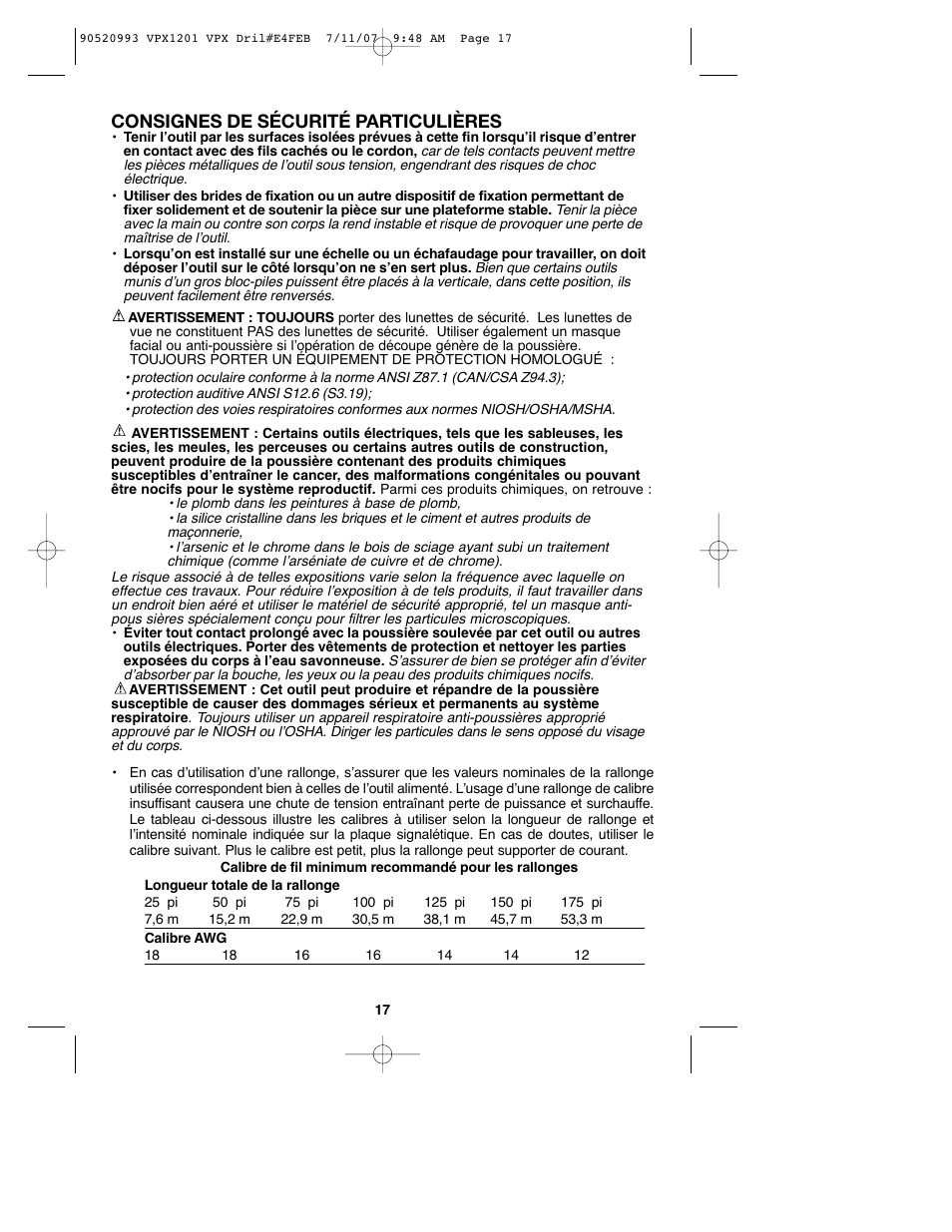 Consignes de sécurité particulières | Black & Decker 1 VPX VPX1201 User Manual | Page 17 / 39