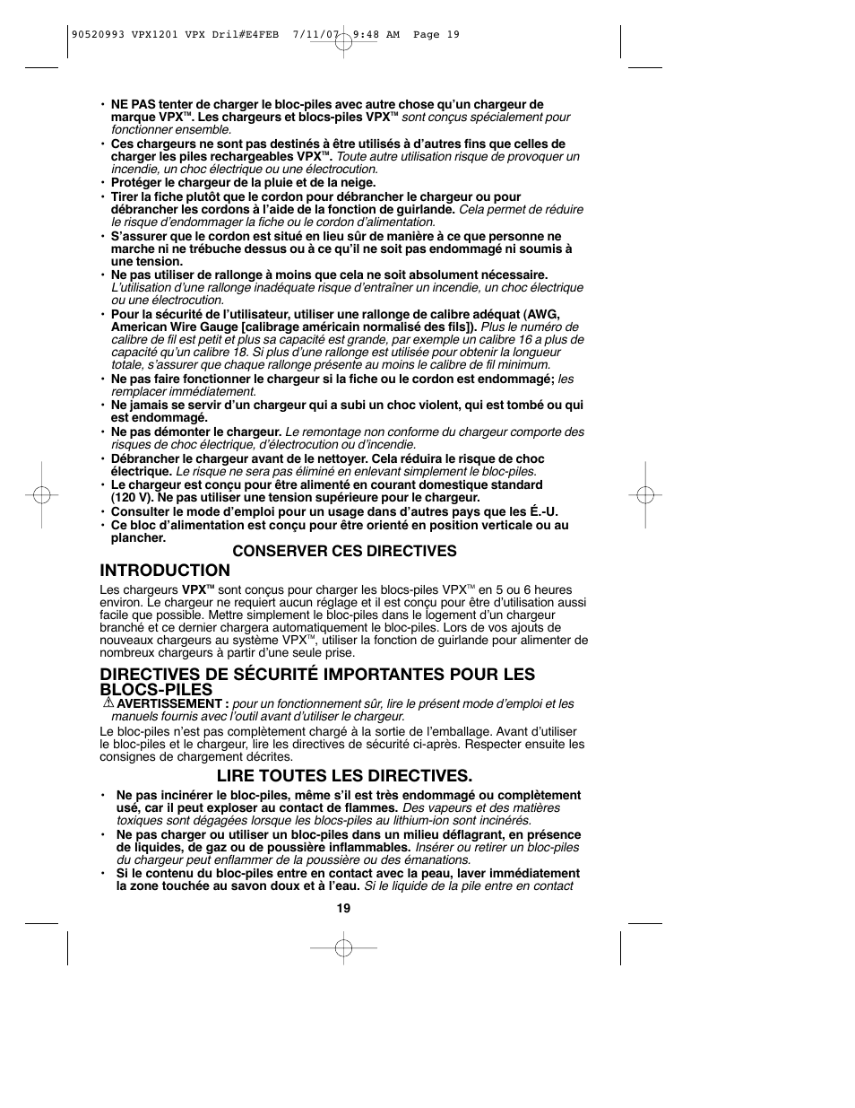 Introduction, Lire toutes les directives, Conserver ces directives | Black & Decker 1 VPX VPX1201 User Manual | Page 19 / 39