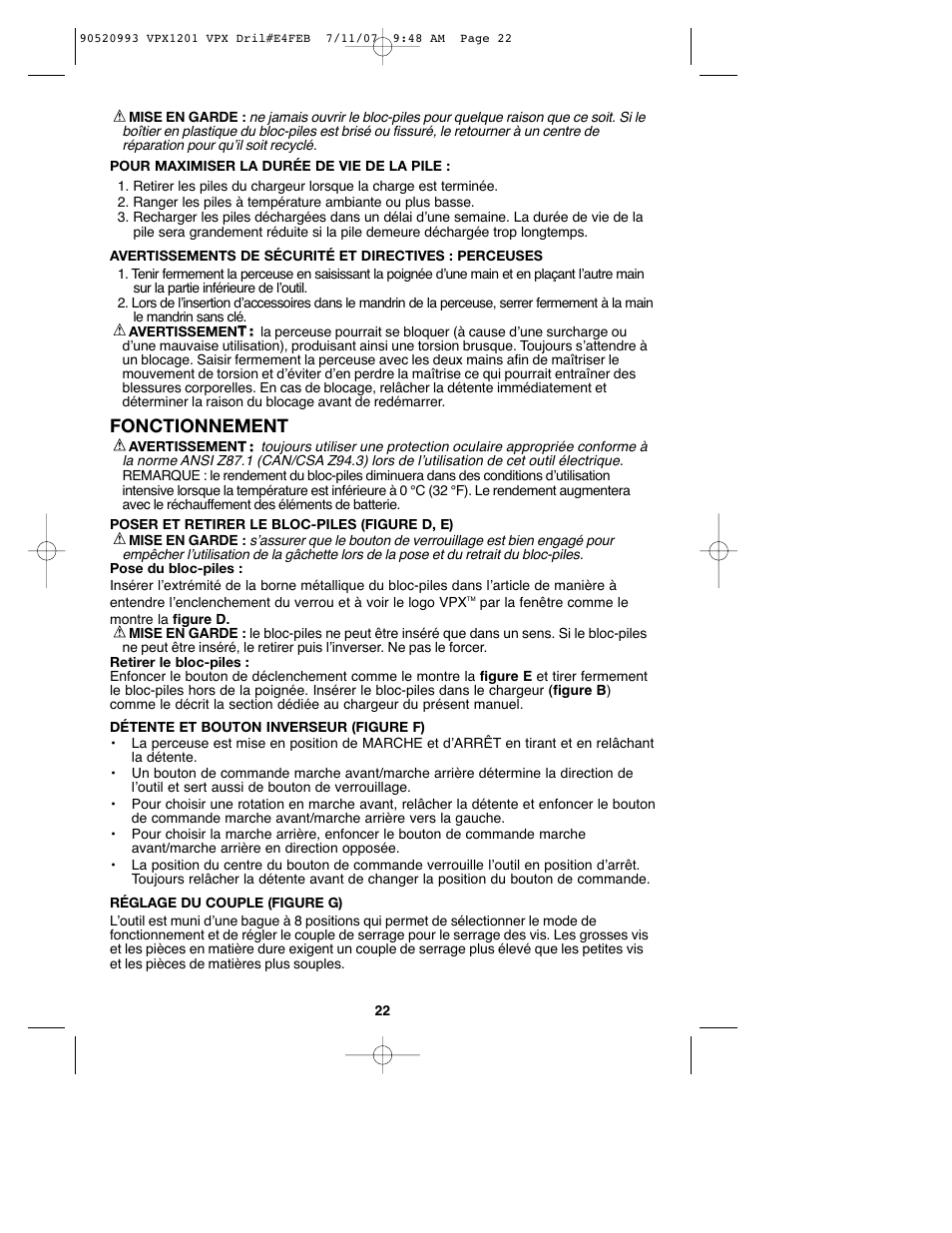 Fonctionnement | Black & Decker 1 VPX VPX1201 User Manual | Page 22 / 39