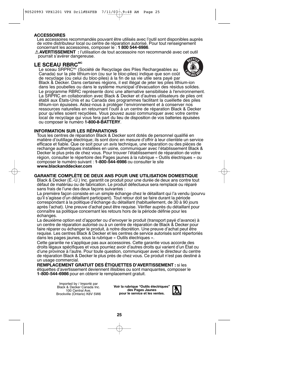 Le sceau rbrc | Black & Decker 1 VPX VPX1201 User Manual | Page 25 / 39