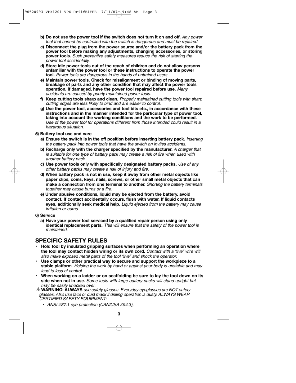 Specific safety rules | Black & Decker 1 VPX VPX1201 User Manual | Page 3 / 39