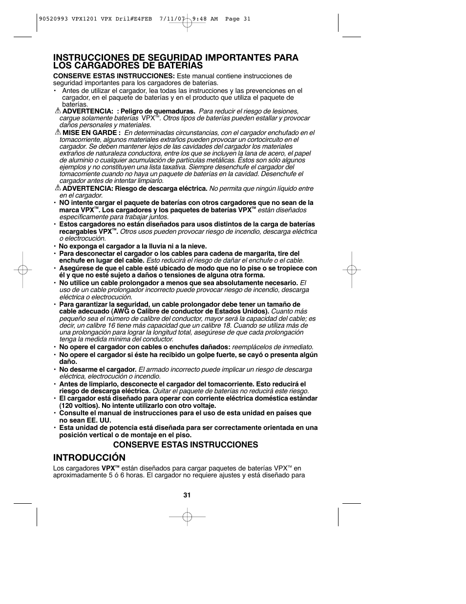 Introducción, Conserve estas instrucciones | Black & Decker 1 VPX VPX1201 User Manual | Page 31 / 39