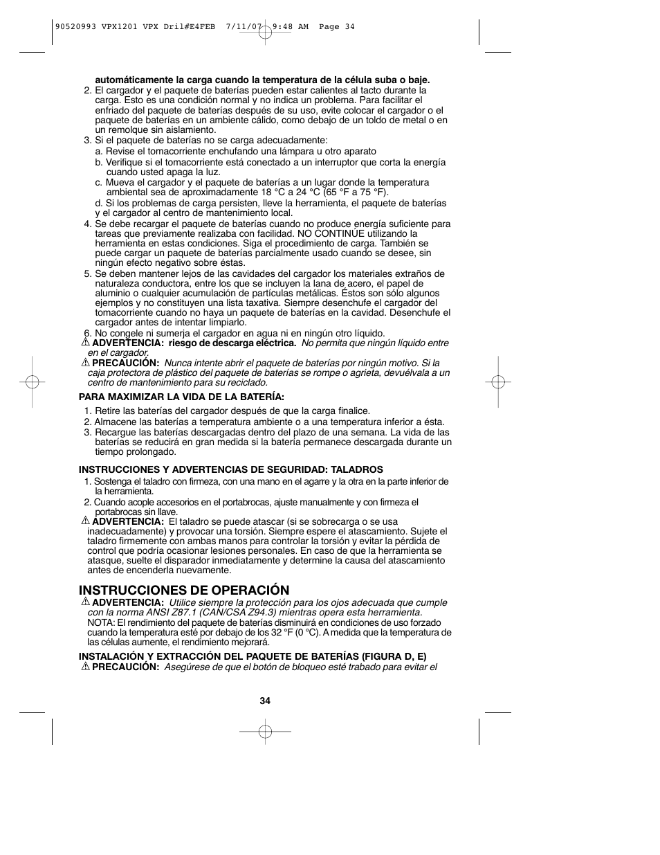 Instrucciones de operación | Black & Decker 1 VPX VPX1201 User Manual | Page 34 / 39
