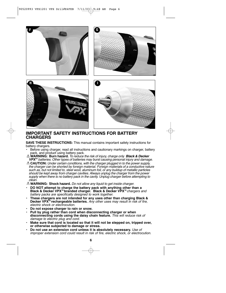 Important safety instructions for battery chargers | Black & Decker 1 VPX VPX1201 User Manual | Page 6 / 39