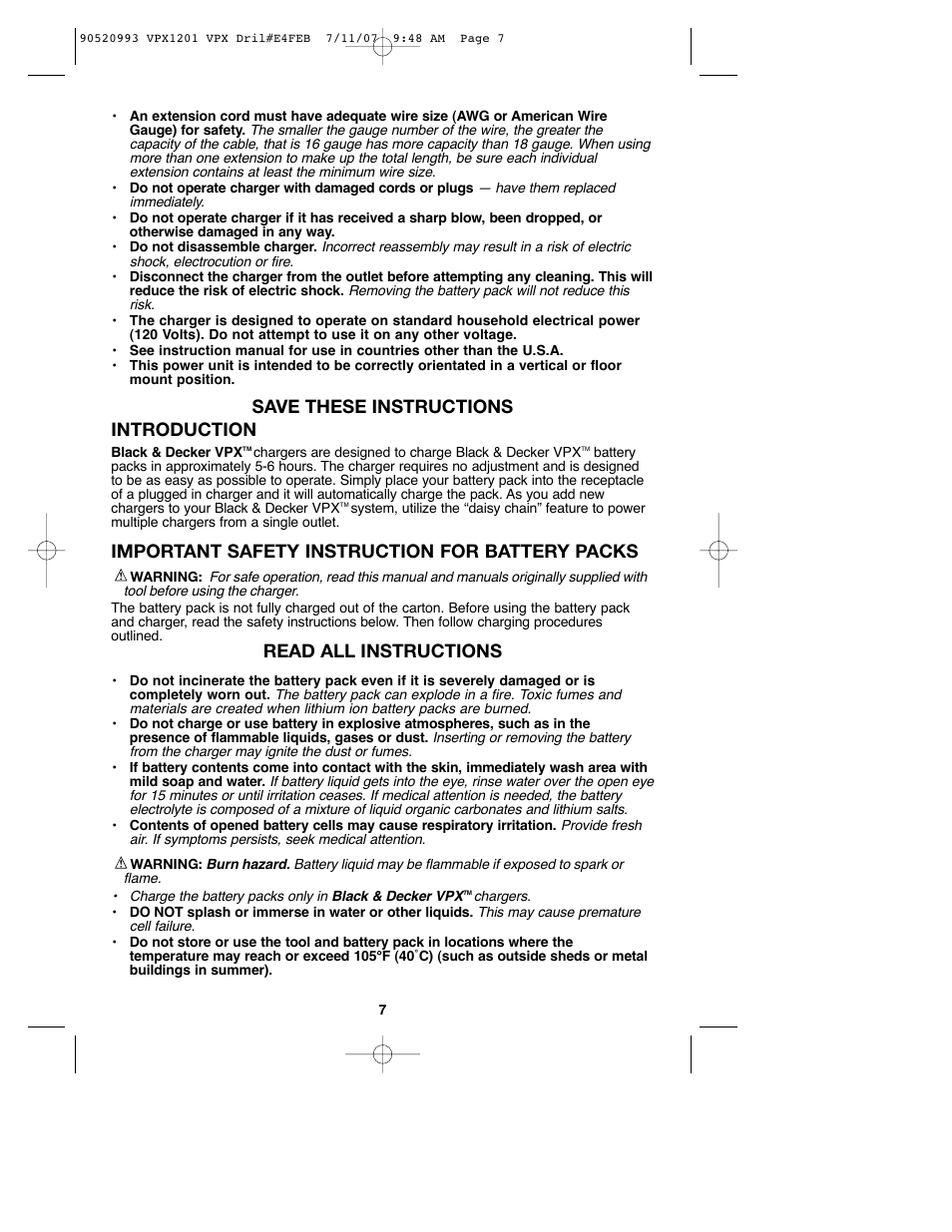 Save these instructions introduction, Important safety instruction for battery packs, Read all instructions | Black & Decker 1 VPX VPX1201 User Manual | Page 7 / 39