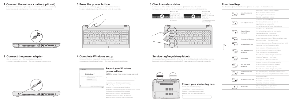 1 connect the network cable (optional), 2 connect the power adapter, 3 press the power button | 4 complete windows setup, 5 check wireless status, Service tag/regulatory labels, Function keys, Record your windows password here, Record your service tag here | Dell Inspiron 15R (5537, Mid 2013) User Manual | Page 2 / 2