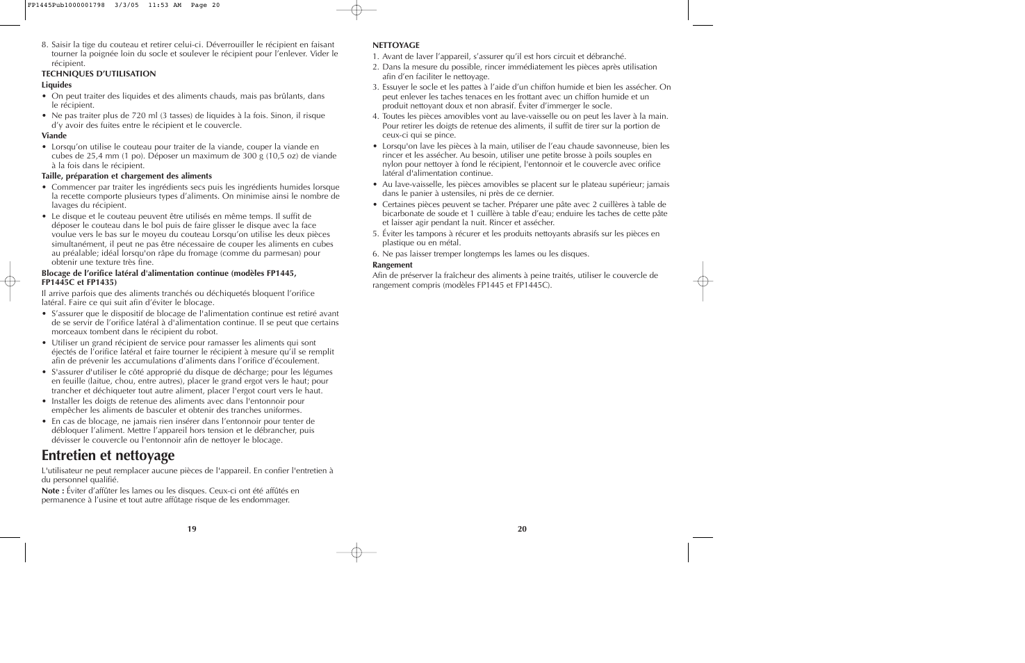 Entretien et nettoyage | Black & Decker FP1445 User Manual | Page 11 / 15