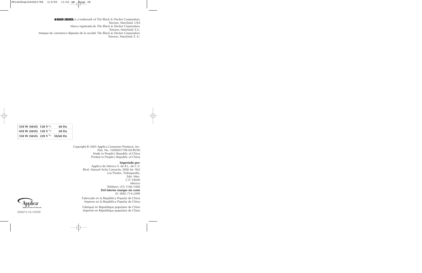 Black & Decker FP1445 User Manual | Page 15 / 15