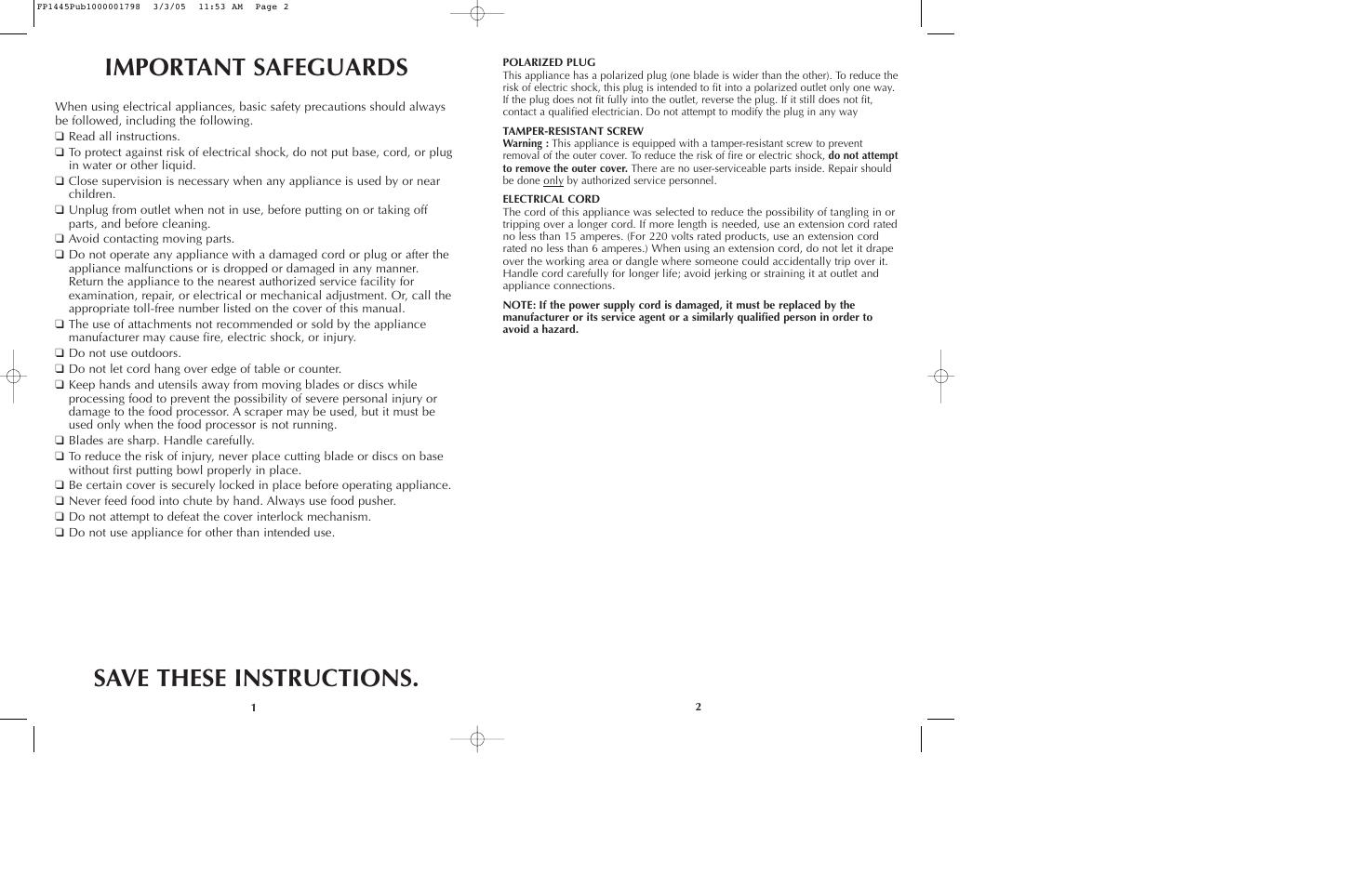 Important safeguards save these instructions | Black & Decker FP1445 User Manual | Page 2 / 15